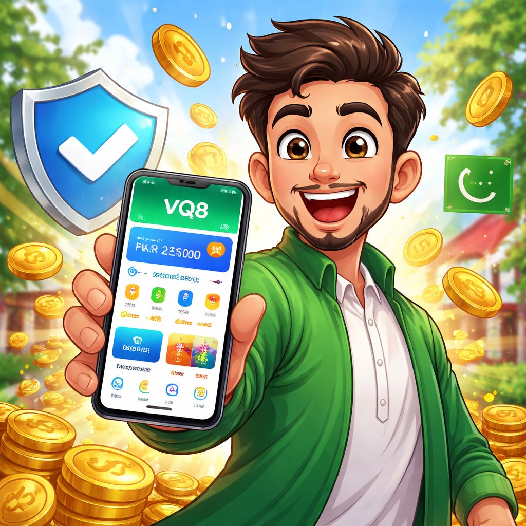VQ8 cartoon Android user holding a phone with app icons and coins