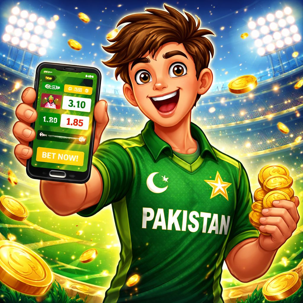 Cartoon Pakistan sports fan using a betting app with cricket stadium lights and coins