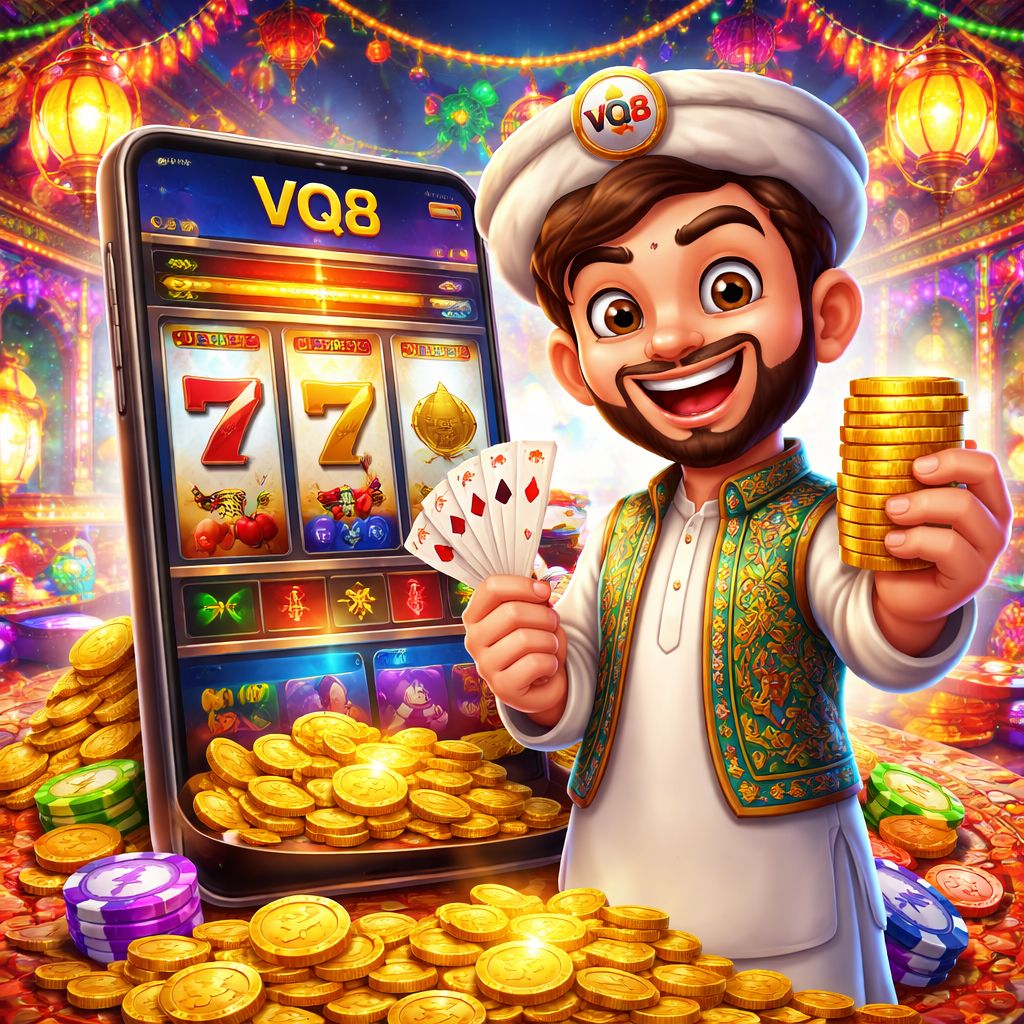 Cartoon VQ8 casino character holding playing cards and coins in a bright mobile casino scene