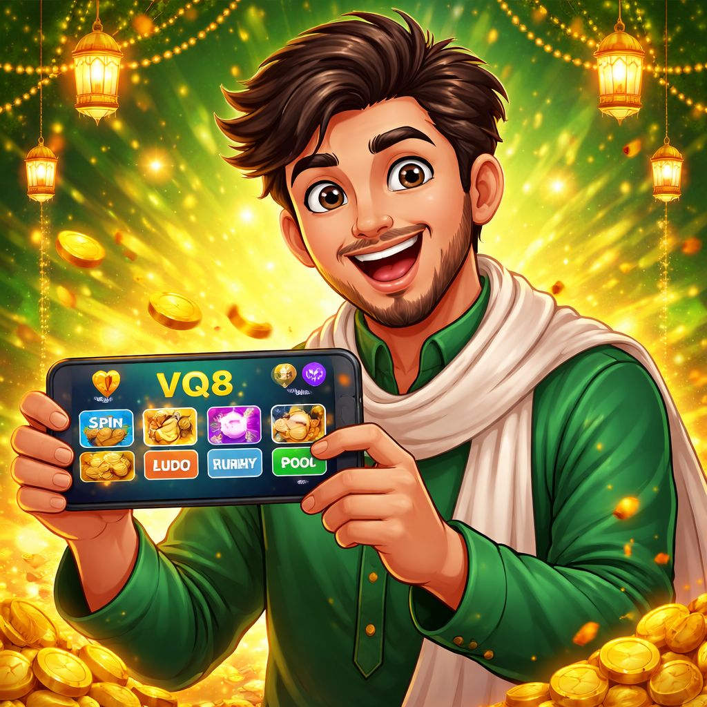 VQ8 cartoon player holding a mobile phone with coins and game icons in Pakistan themed colors