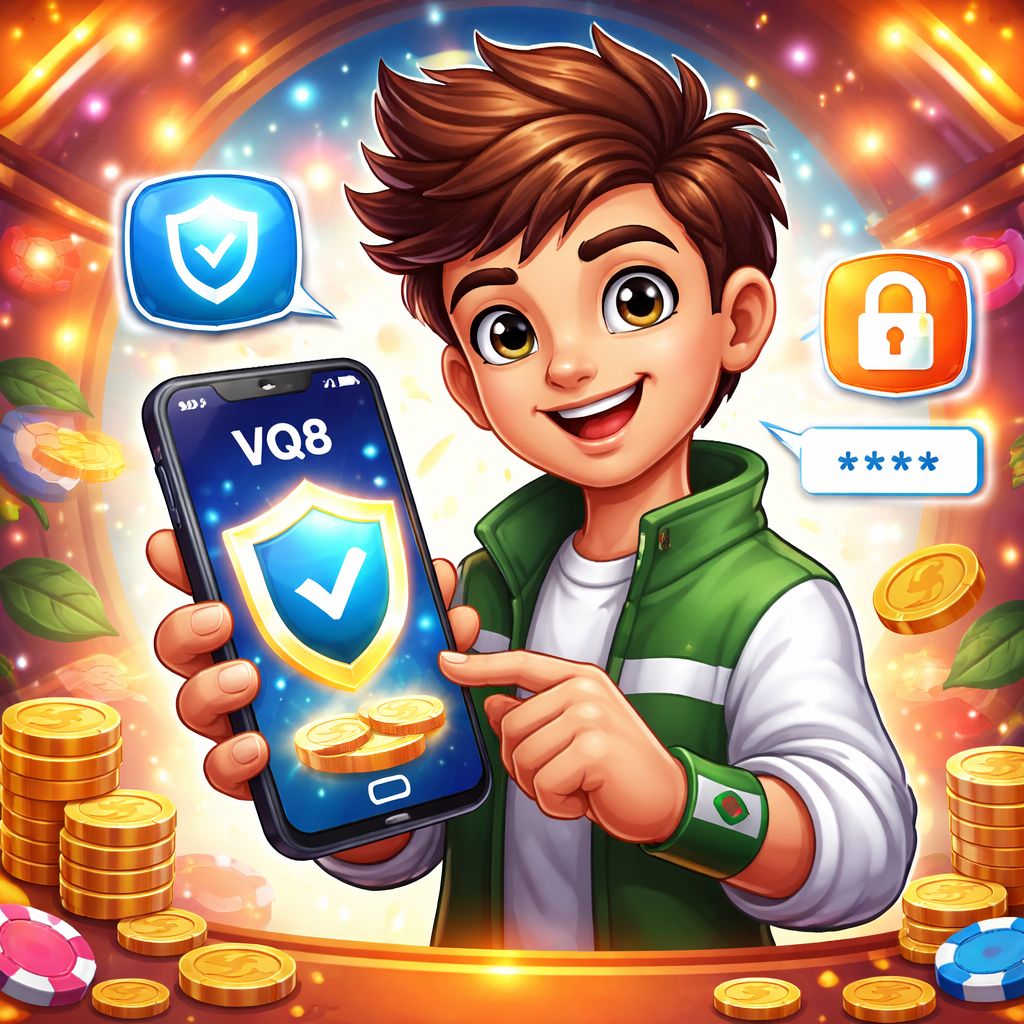 Cartoon VQ8 player securely logging in on a mobile phone with coins and shield icons