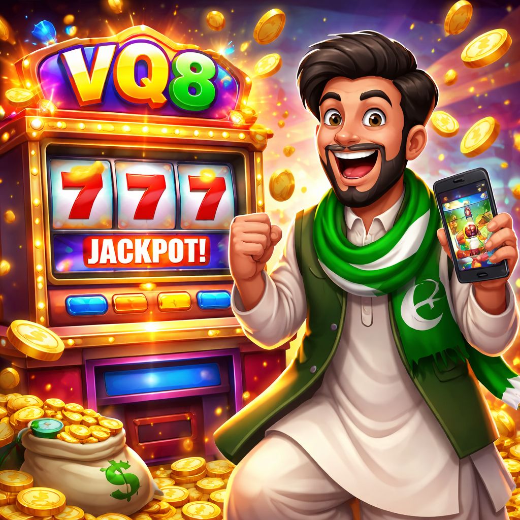 Cartoon slot player celebrating a VQ8 jackpot with coins and reels